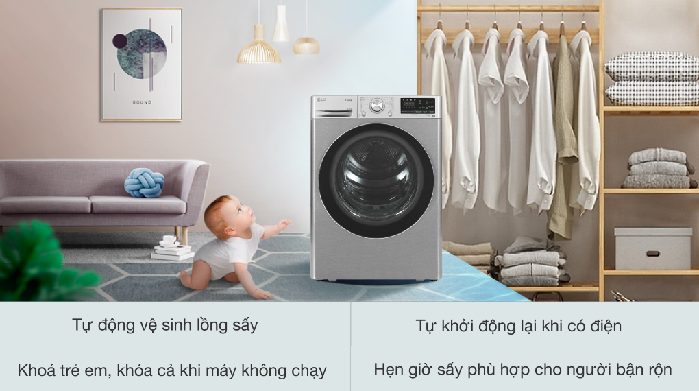 Máy sấy bơm nhiệt LG 10.5 Kg DVHP50P - Tiện ích